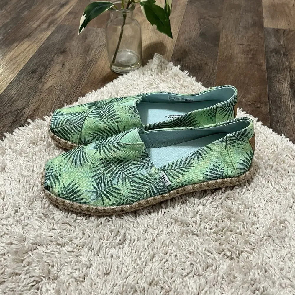 TOMS Women's 5 Tropical Palm Leaf Alpargata Rope Espadrilles Canvas Flats NWOT